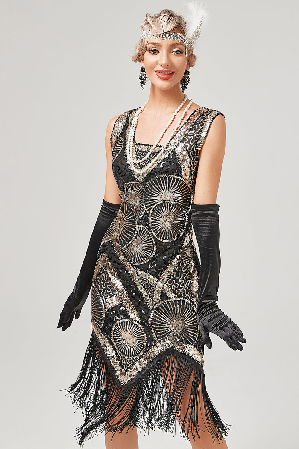 Dunkelgrünes Flapperkleid aus den 1920er Jahren mit Fransen
