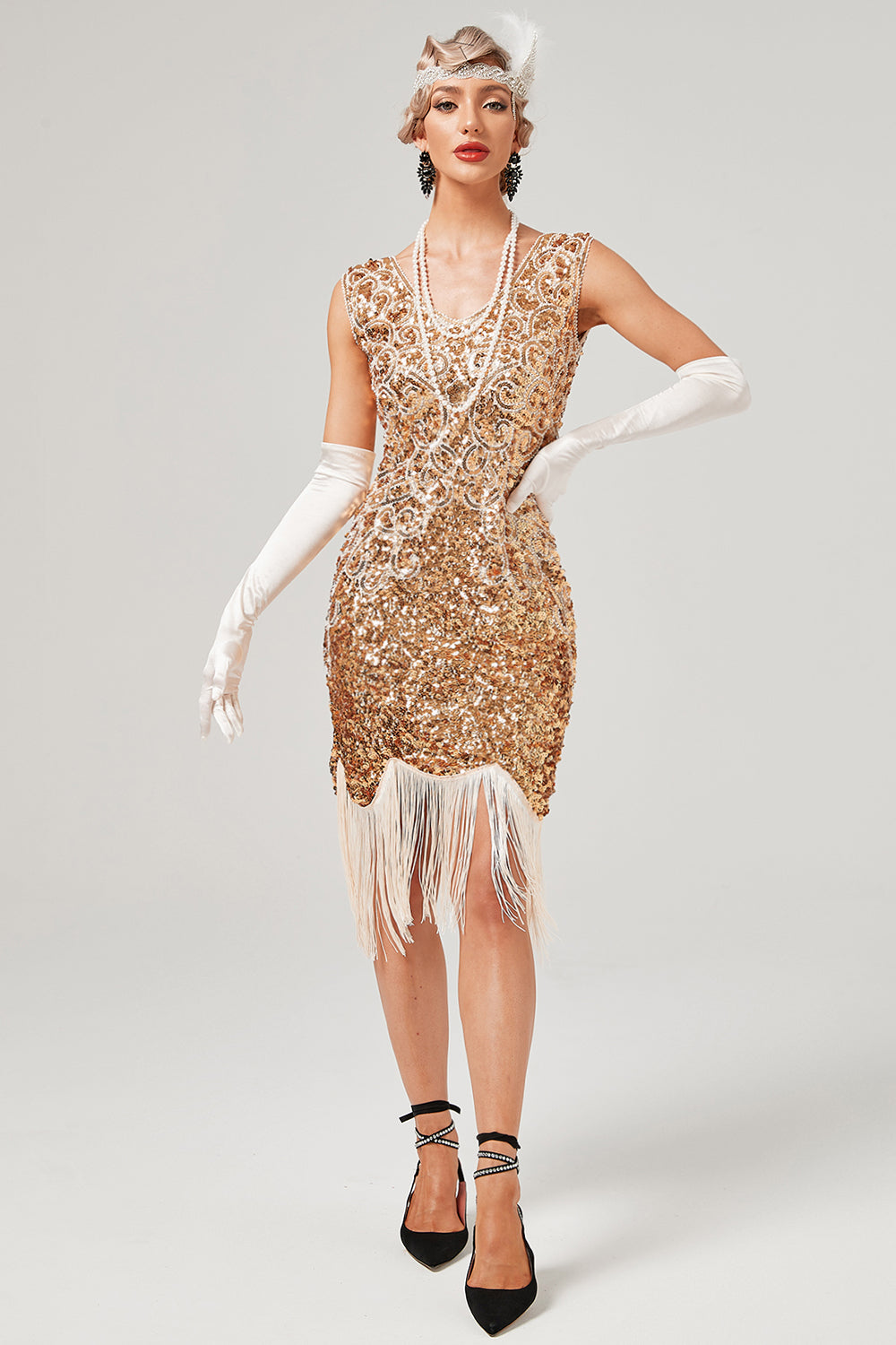 Dunkelgrünes Gatsby-Kleid mit V-Ausschnitt und Fransen