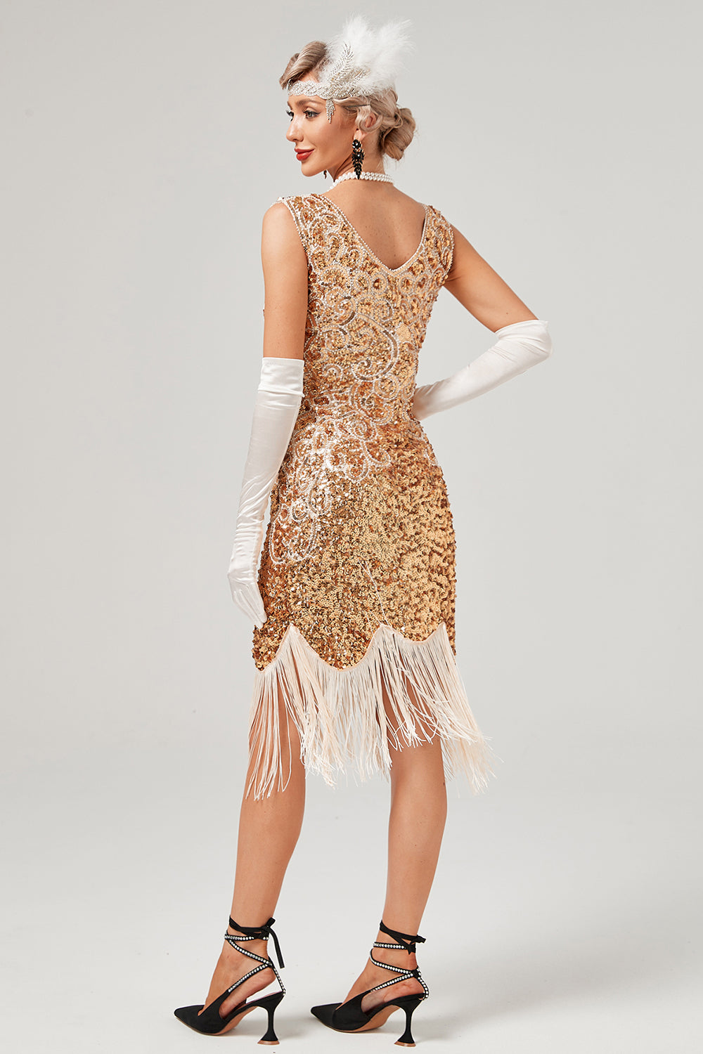 Dunkelgrünes Gatsby-Kleid mit V-Ausschnitt und Fransen