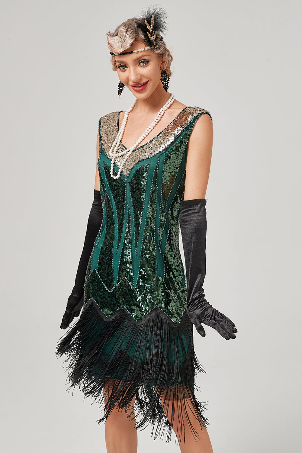 Schwarzes grünes V-Ausschnitt Flapperkleid mit Fransen