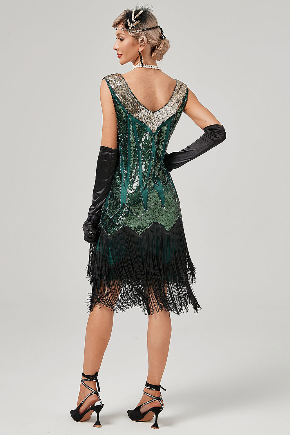 Schwarzes grünes V-Ausschnitt Flapperkleid mit Fransen