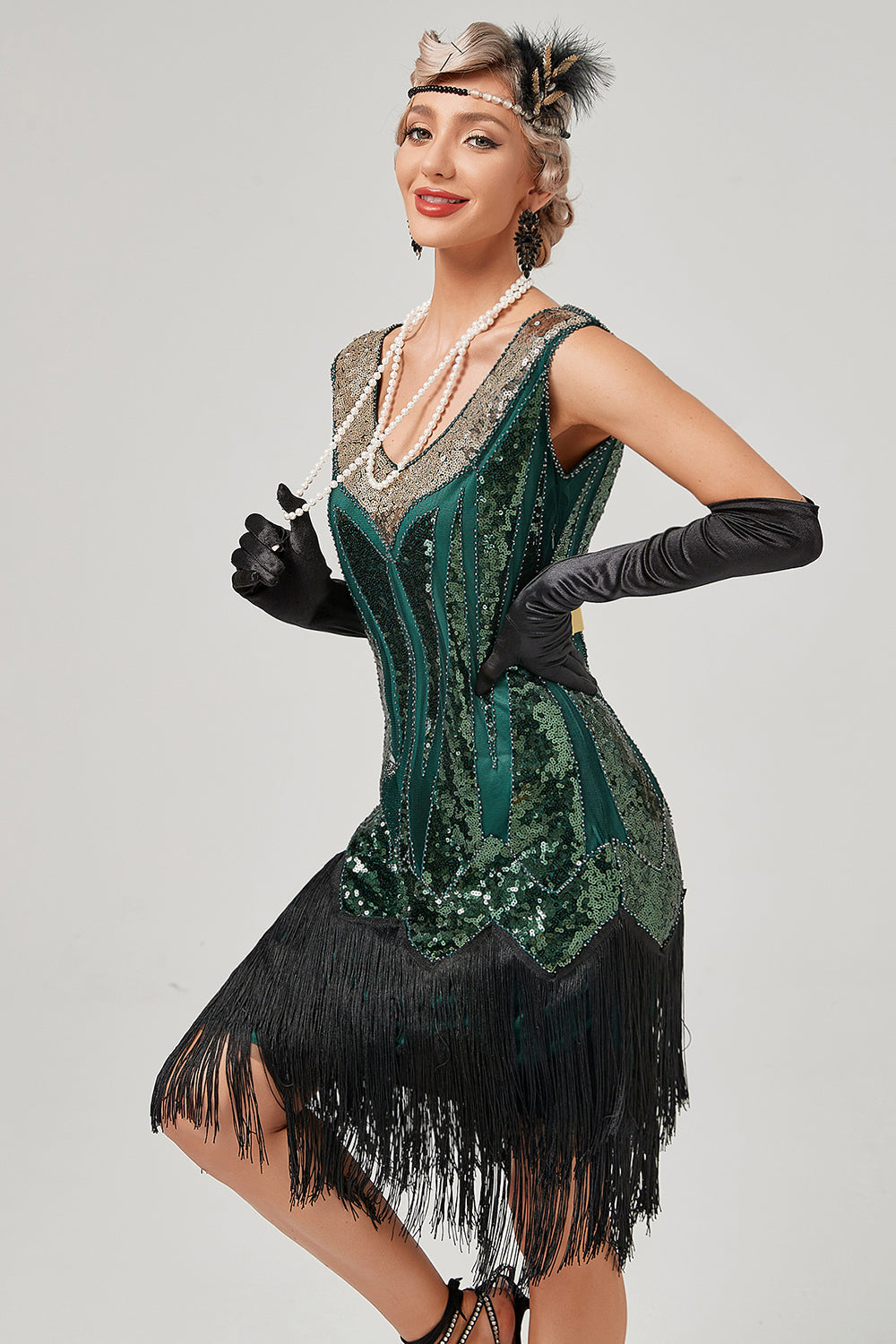 Schwarzes grünes V-Ausschnitt Flapperkleid mit Fransen