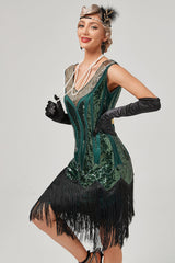 Schwarzes grünes V-Ausschnitt Flapperkleid mit Fransen