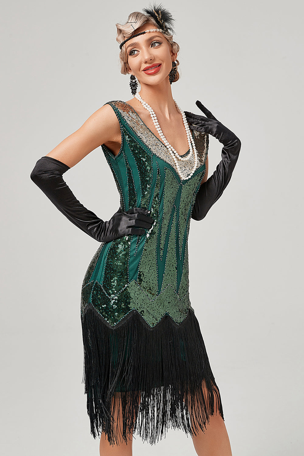 Schwarzes grünes V-Ausschnitt Flapperkleid mit Fransen