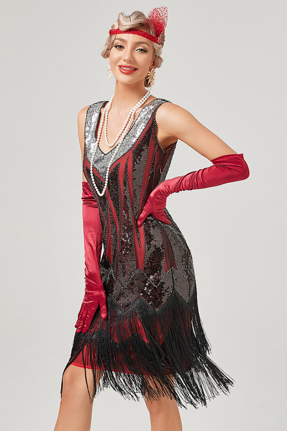 Schwarzes grünes V-Ausschnitt Flapperkleid mit Fransen