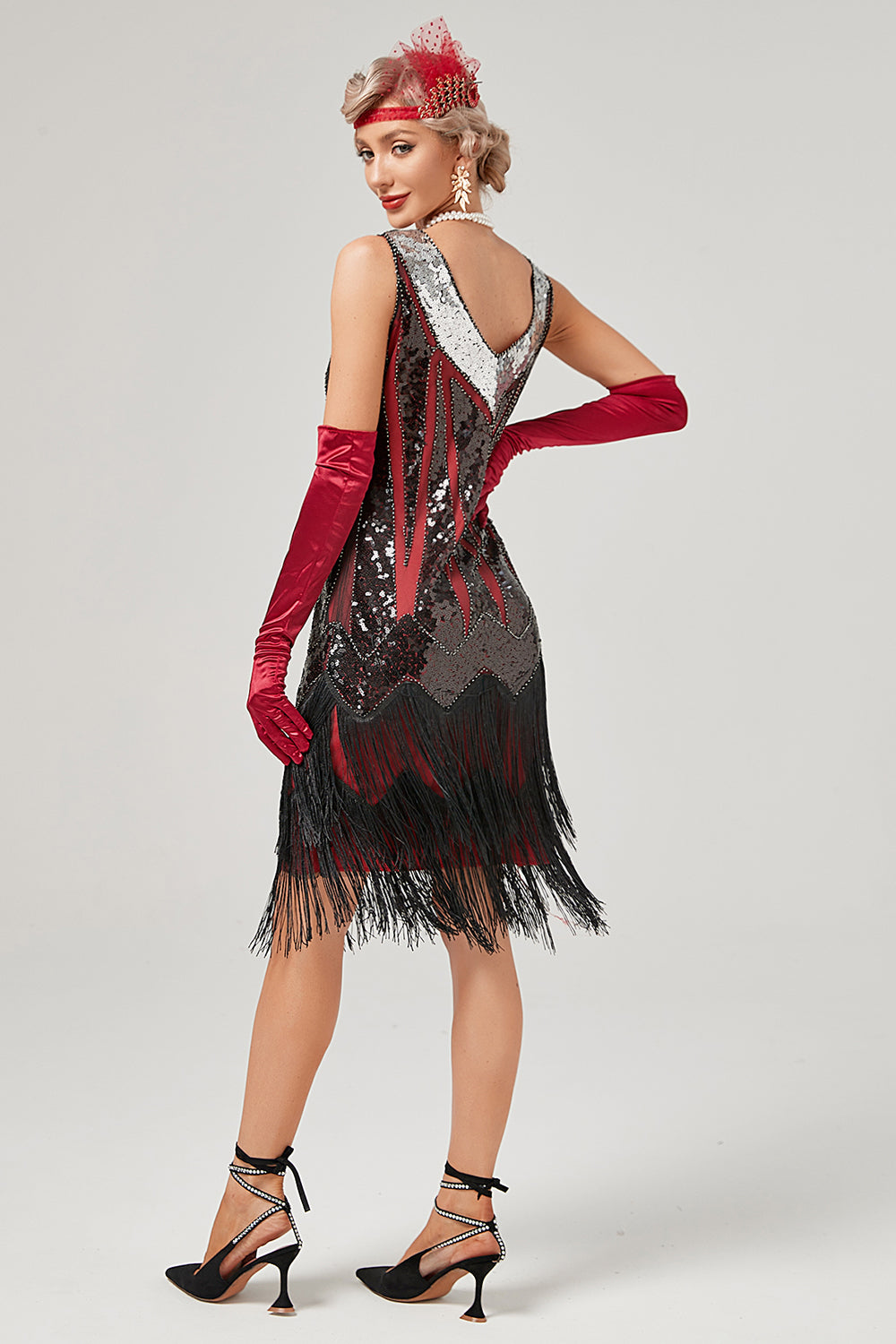 Schwarzes grünes V-Ausschnitt Flapperkleid mit Fransen