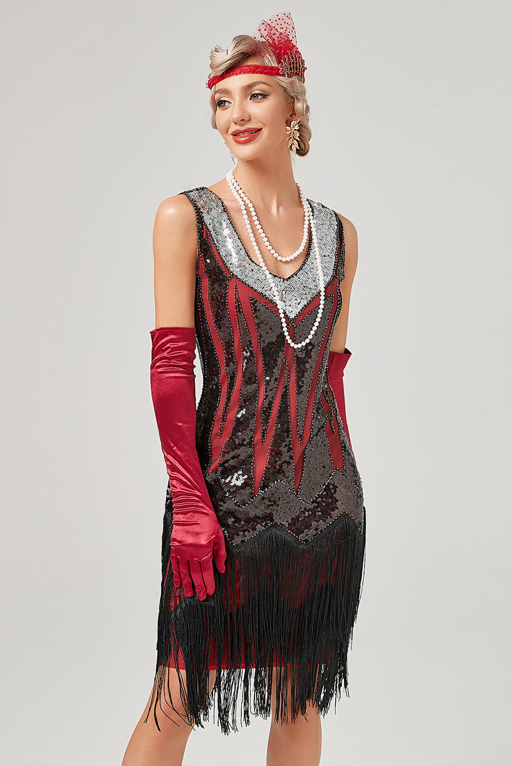 Schwarzes grünes V-Ausschnitt Flapperkleid mit Fransen