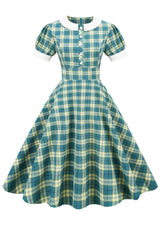 Juwelenausschnitt Green Grid Kleid aus den 1950er Jahren mit kurzen Ärmeln