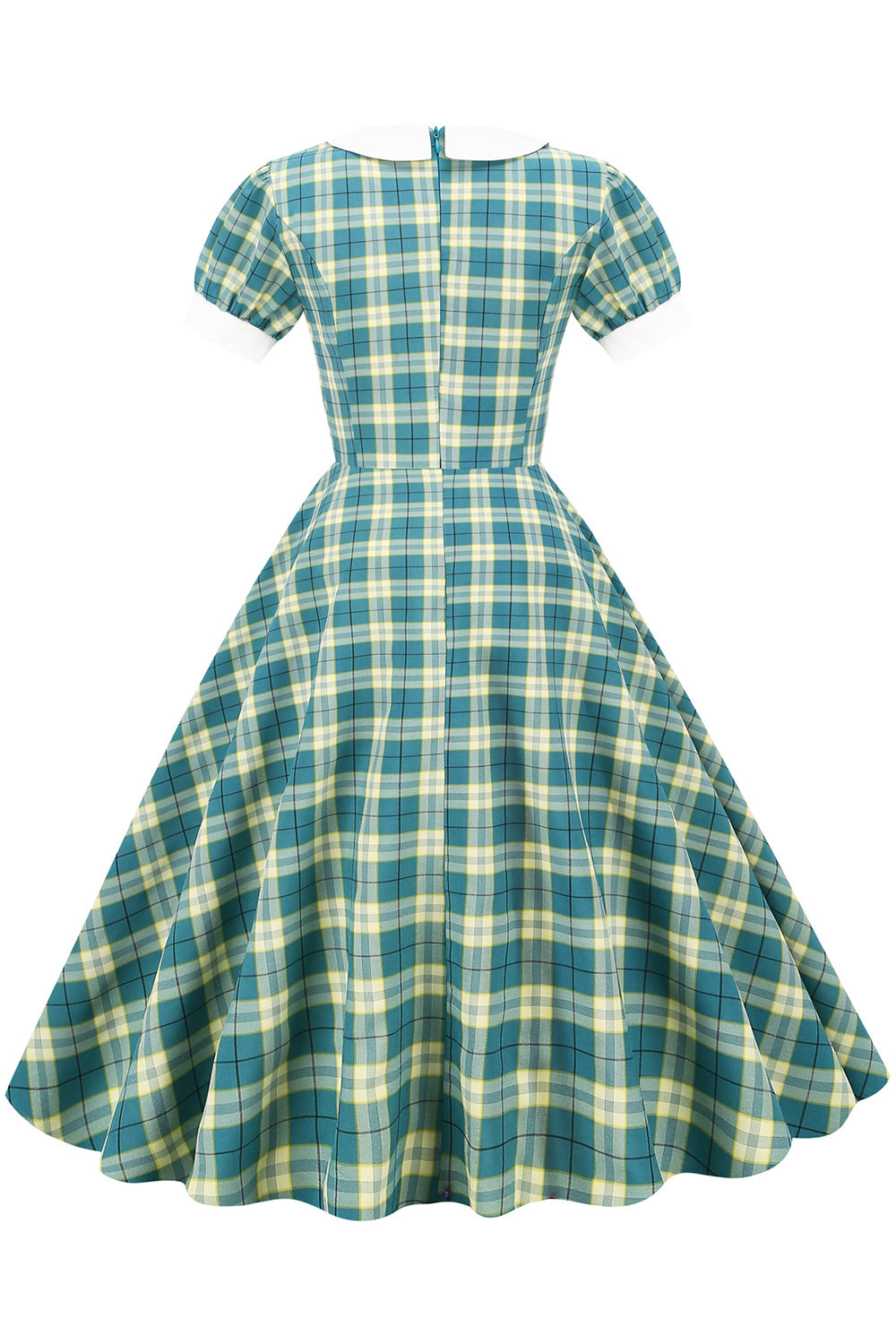Juwelenausschnitt Green Grid Kleid aus den 1950er Jahren mit kurzen Ärmeln