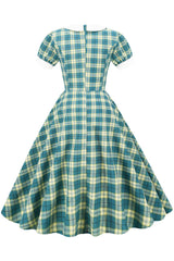 Juwelenausschnitt Green Grid Kleid aus den 1950er Jahren mit kurzen Ärmeln
