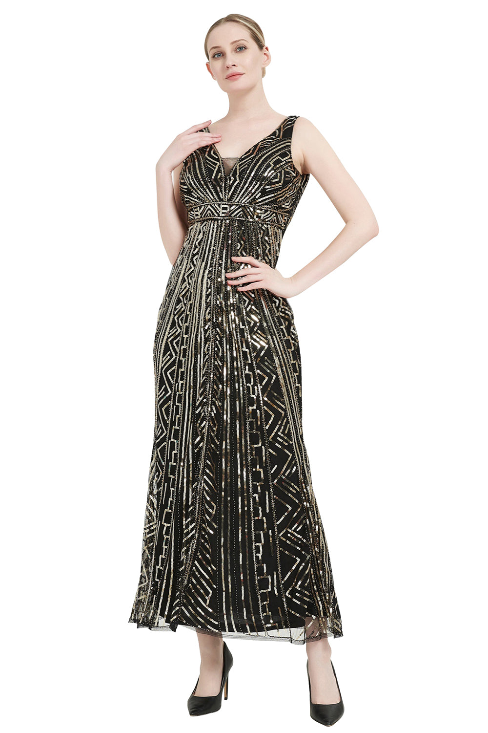Pailletten V-Ausschnitt Midi 1920er Jahre Flapper Kleid