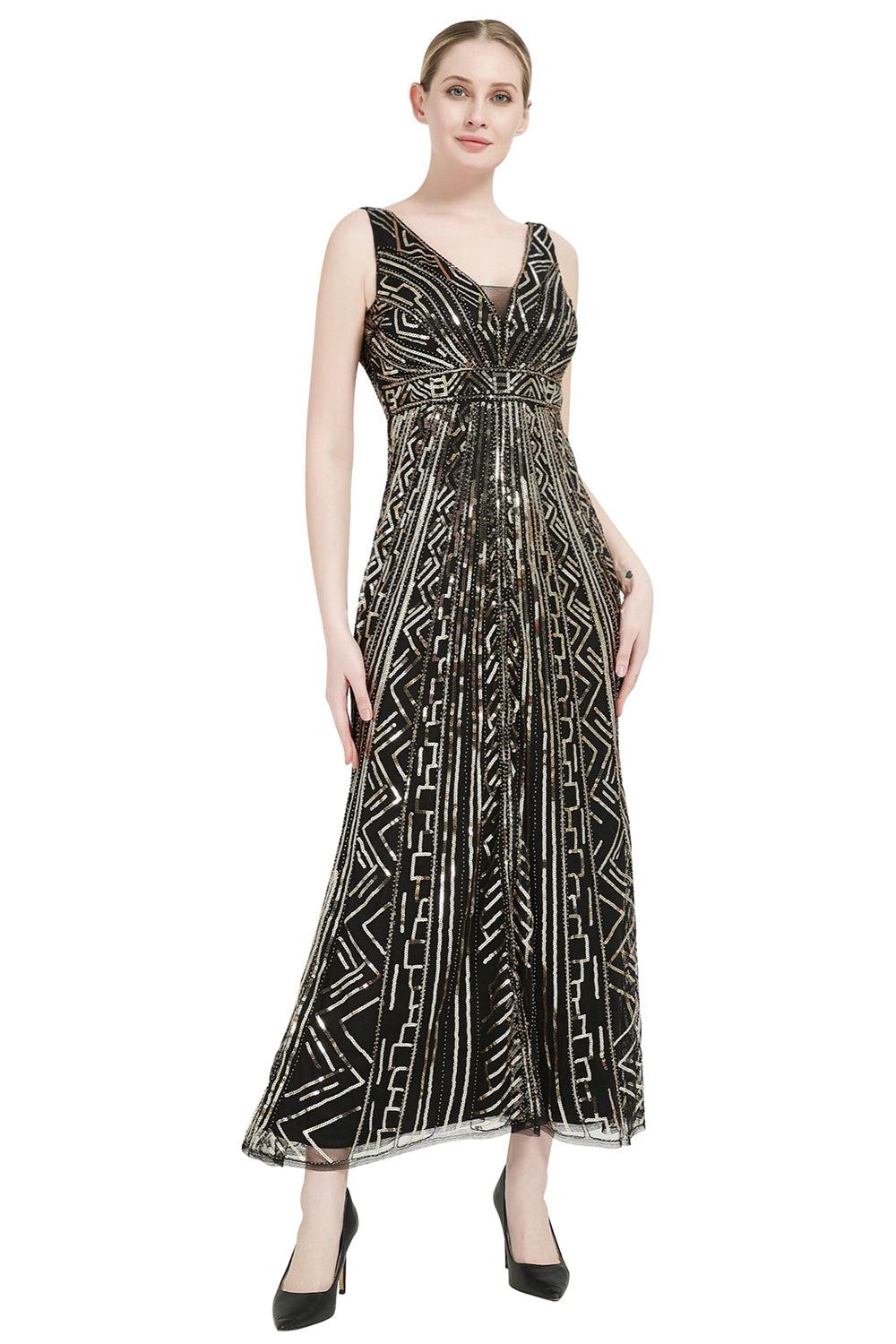 Pailletten V-Ausschnitt Midi 1920er Jahre Flapper Kleid