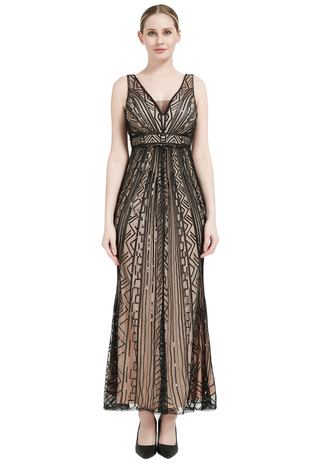 Pailletten V-Ausschnitt Midi 1920er Jahre Flapper Kleid
