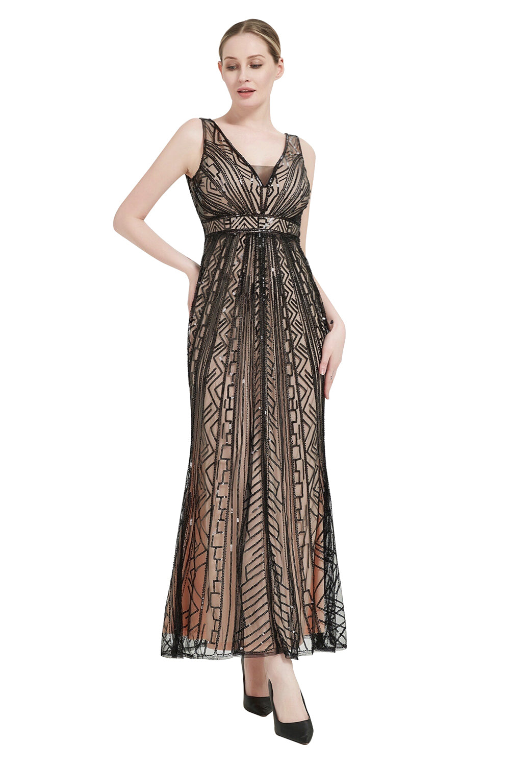 Pailletten V-Ausschnitt Midi 1920er Jahre Flapper Kleid