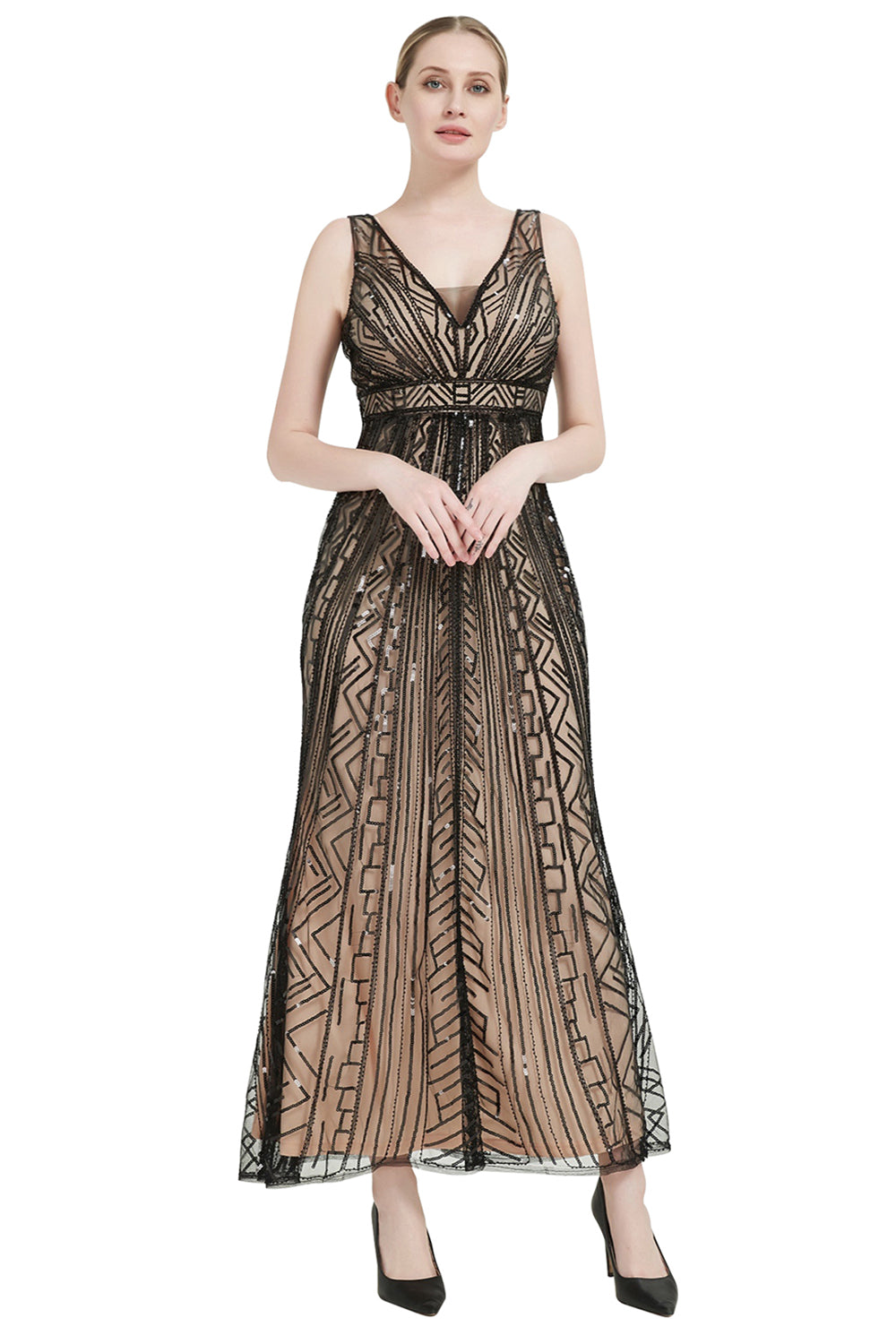 Pailletten V-Ausschnitt Midi 1920er Jahre Flapper Kleid
