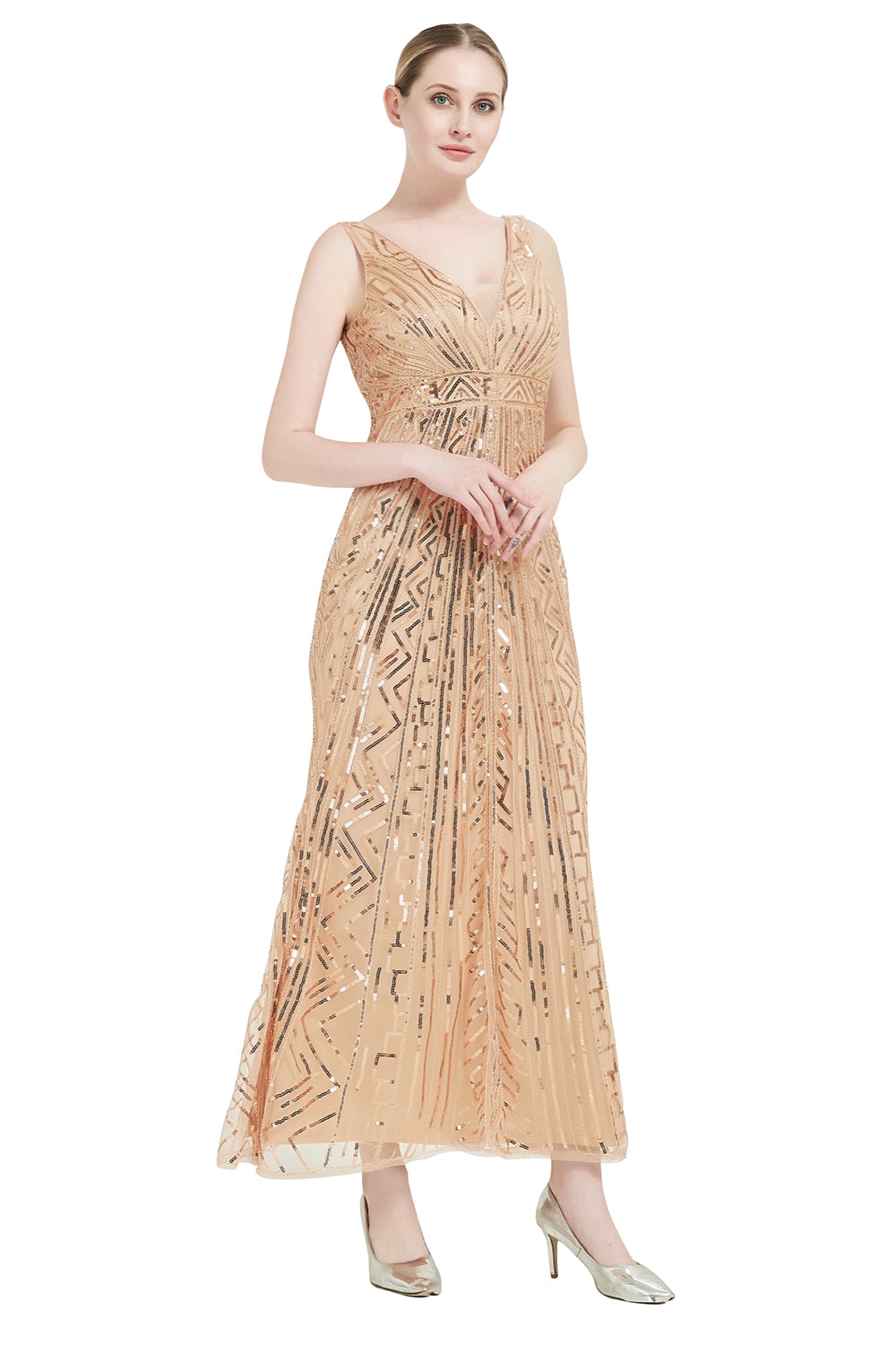 Pailletten V-Ausschnitt Midi 1920er Jahre Flapper Kleid