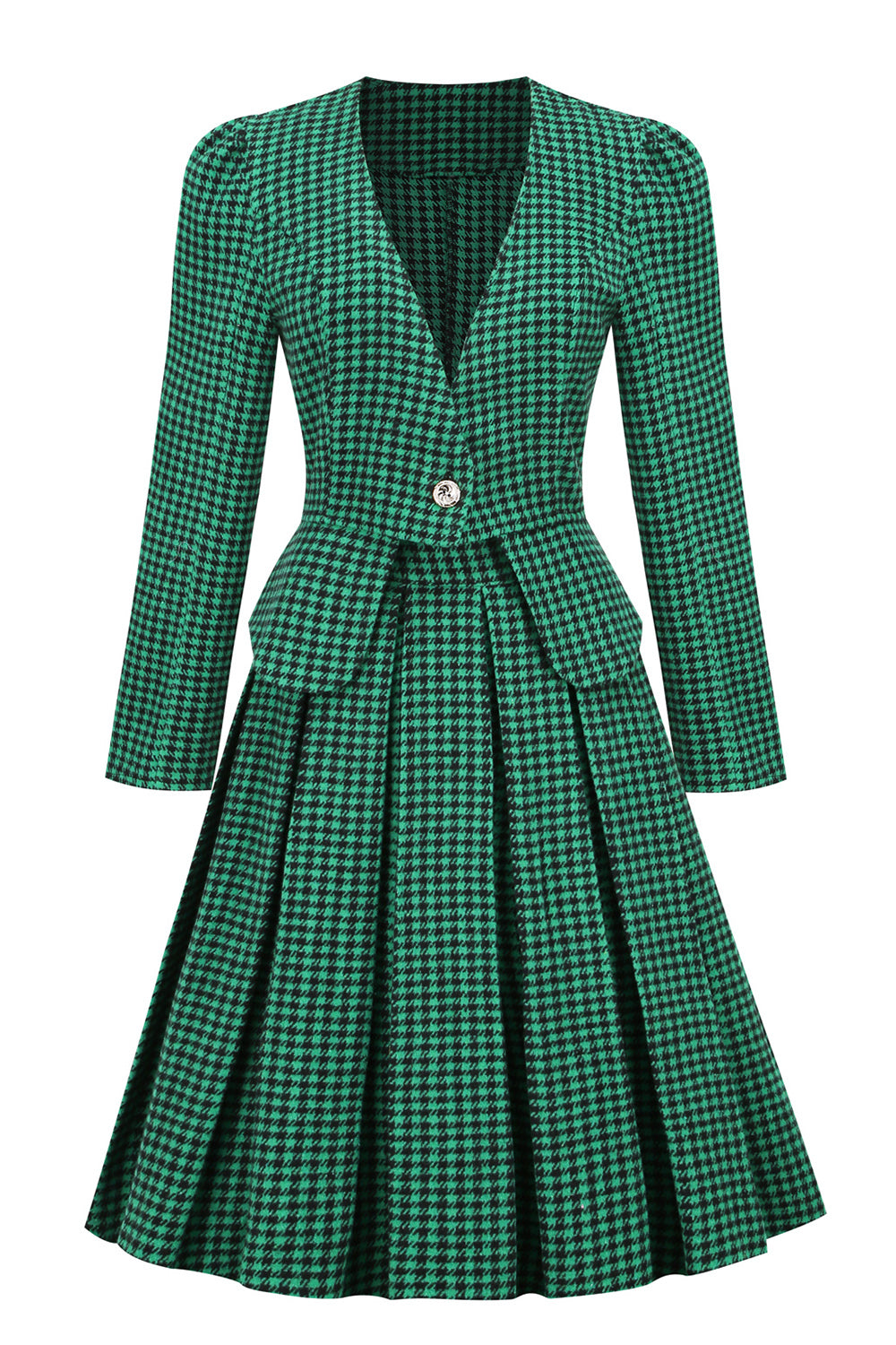 A-Linie V Ausschnitt Grünes Gitter Vintage Kleid