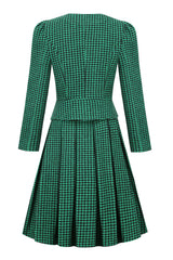 A-Linie V Ausschnitt Grünes Gitter Vintage Kleid