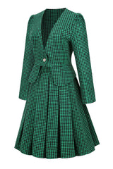 A-Linie V Ausschnitt Grünes Gitter Vintage Kleid