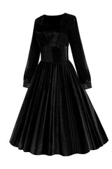 Schwarz Langärmel Samt Vintage Kleid
