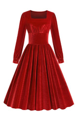 Rotes Samt Midi A-linie Vintage Kleid