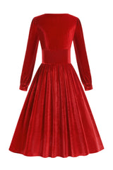 Rotes Samt Midi A-linie Vintage Kleid