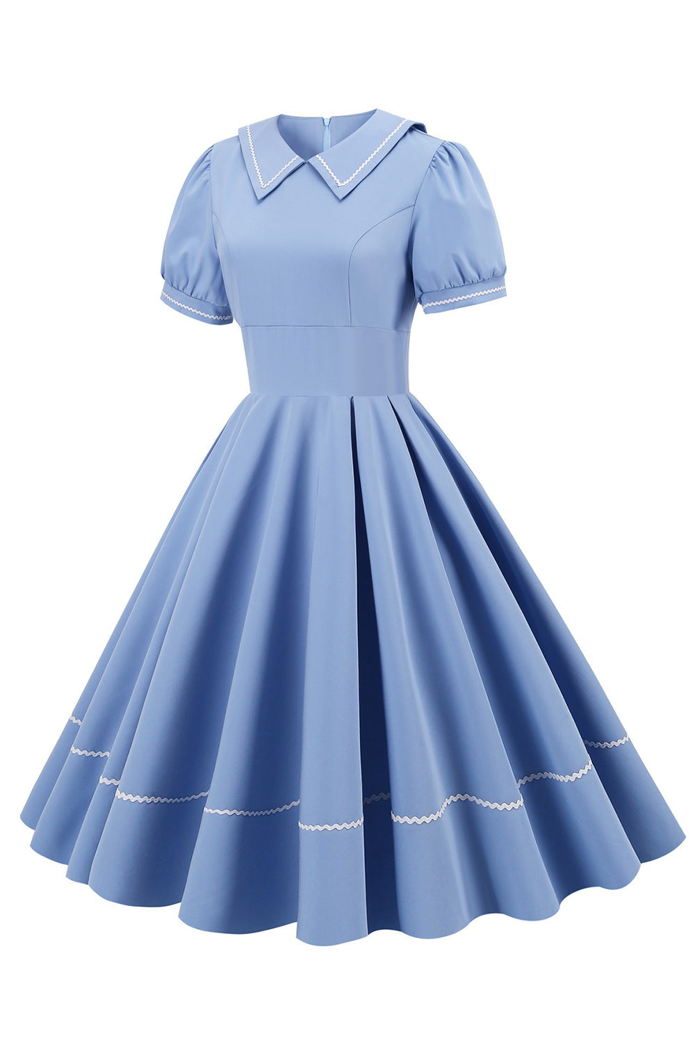Blaues Kleid im Retro Stil der 1950er Jahre mit kurzen Ärmeln