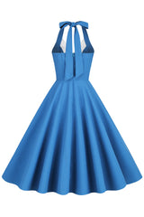 Hepburn Stil Neckholder Blaues Kleid der 1950er Jahre