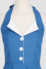 Hepburn Stil Neckholder Blaues Kleid der 1950er Jahre