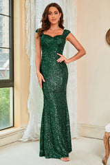 Dunkelgrünes Pailletten Glitzer Ballkleid