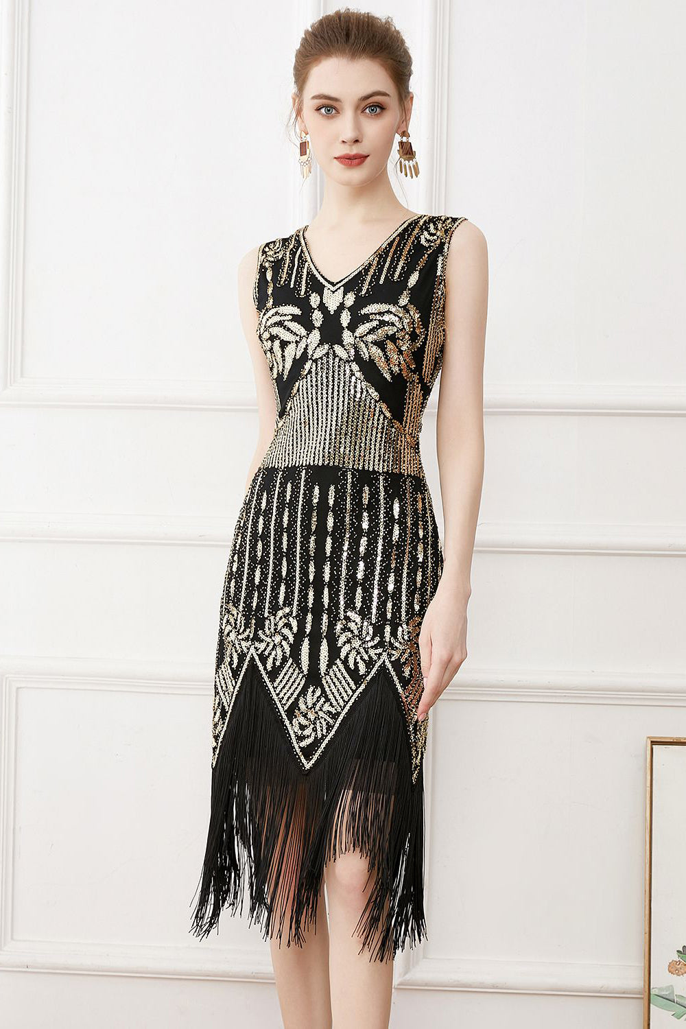 Fransen Glitzer ärmelloses Flapper Kleid