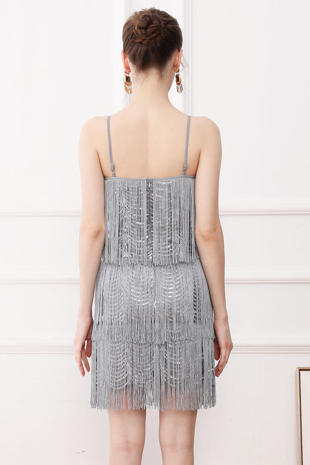 Schwarze Fransen Spaghettiträger 1920er Jahre Kleid
