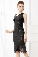 Pailletten Glitzer Schwarz 1920er Jahre Kleid mit Fransen