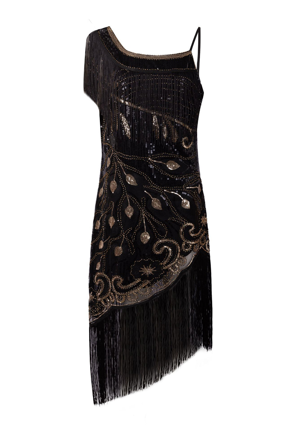 Schwarzes Eine Schulter Kleid aus den 1920er Jahren mit Fransen