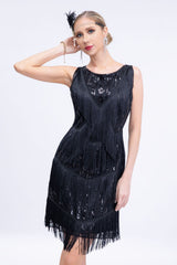 Schwarze Pailletten Gatsby Fransen Charleston Kleid