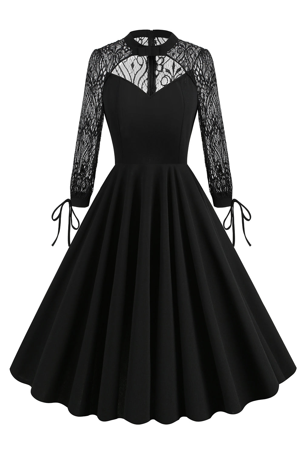 Schwarzes A-Linie Langarmkleid aus den 1950er Jahren mit Spitze