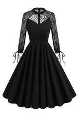 Schwarzes A-Linie Langarmkleid aus den 1950er Jahren mit Spitze
