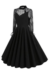 Schwarzes A-Linie Langarmkleid aus den 1950er Jahren mit Spitze