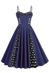 Polka Dots Schwarz ärmelloses Swing 1950er Jahre Kleid