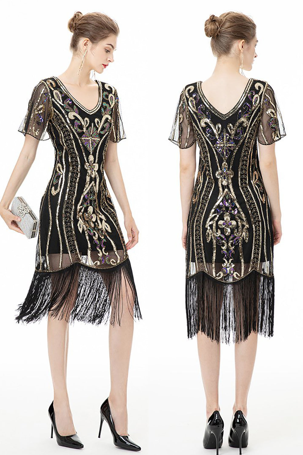 Glitzerndes Kleid aus den 1920er Jahren mit schwarzen Fransen und kurzen Ärmeln