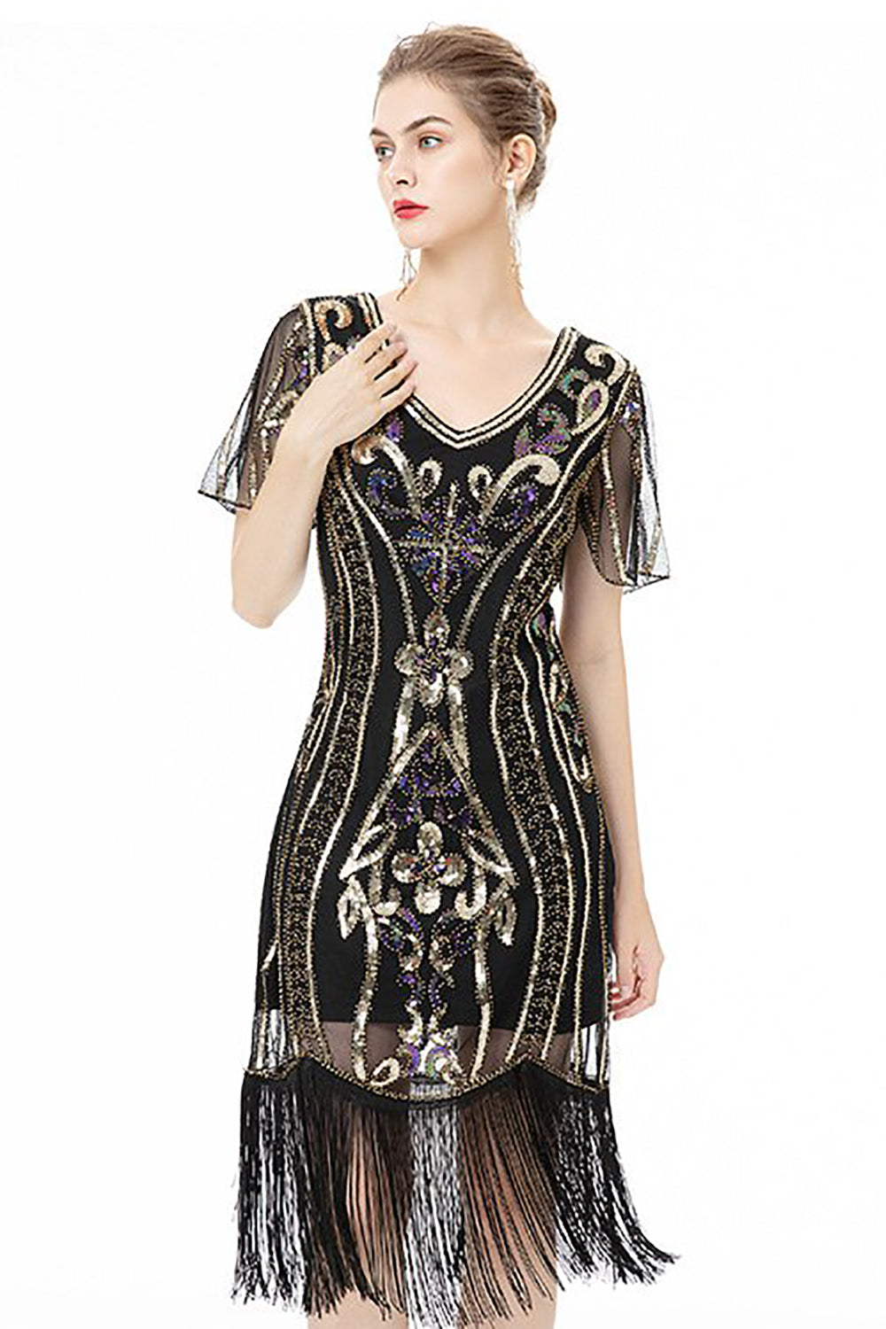 Glitzerndes Kleid aus den 1920er Jahren mit schwarzen Fransen und kurzen Ärmeln