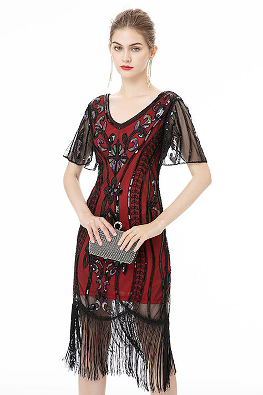 Glitzerndes Kleid aus den 1920er Jahren mit schwarzen Fransen und kurzen Ärmeln