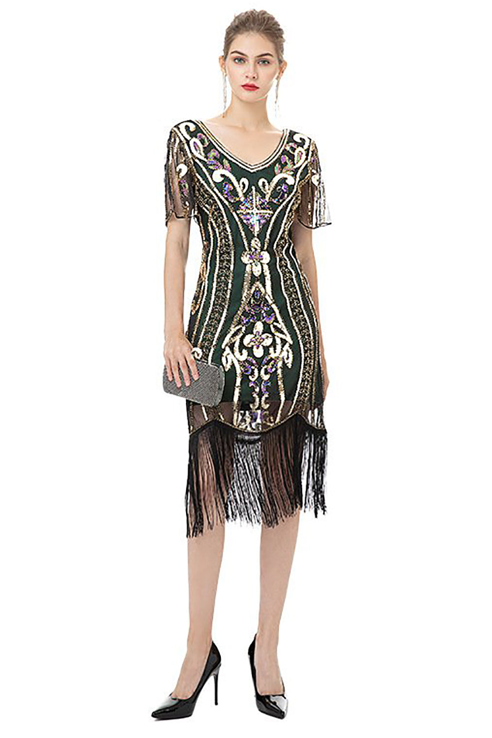 Glitzerndes Kleid aus den 1920er Jahren mit schwarzen Fransen und kurzen Ärmeln