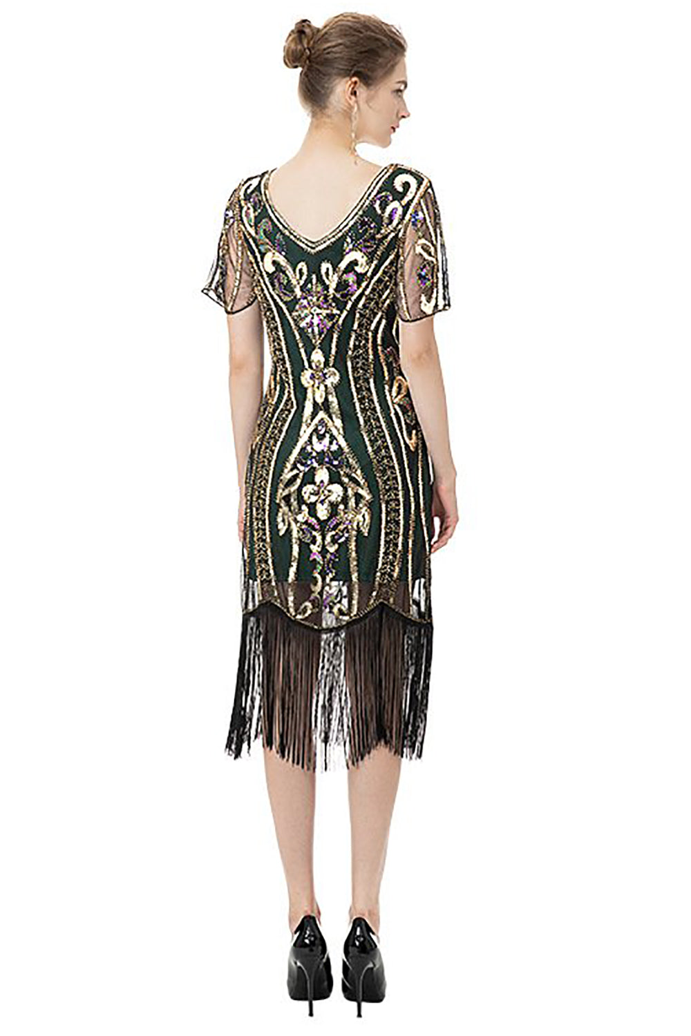 Glitzerndes Kleid aus den 1920er Jahren mit schwarzen Fransen und kurzen Ärmeln