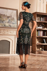 Dunkelgrünes V-Ausschnitt Fransen Gatsby Kleid aus den 1920er Jahren mit Pailletten