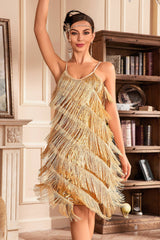 Goldenes Spaghettiträger Fransen 20er Great Gatsby Kleid