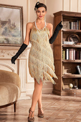 Goldenes Spaghettiträger Fransen 20er Great Gatsby Kleid