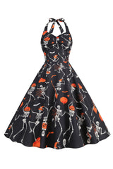 Halloween Schwarzes Neckholder Kürbis Kleid aus den 1950er Jahren
