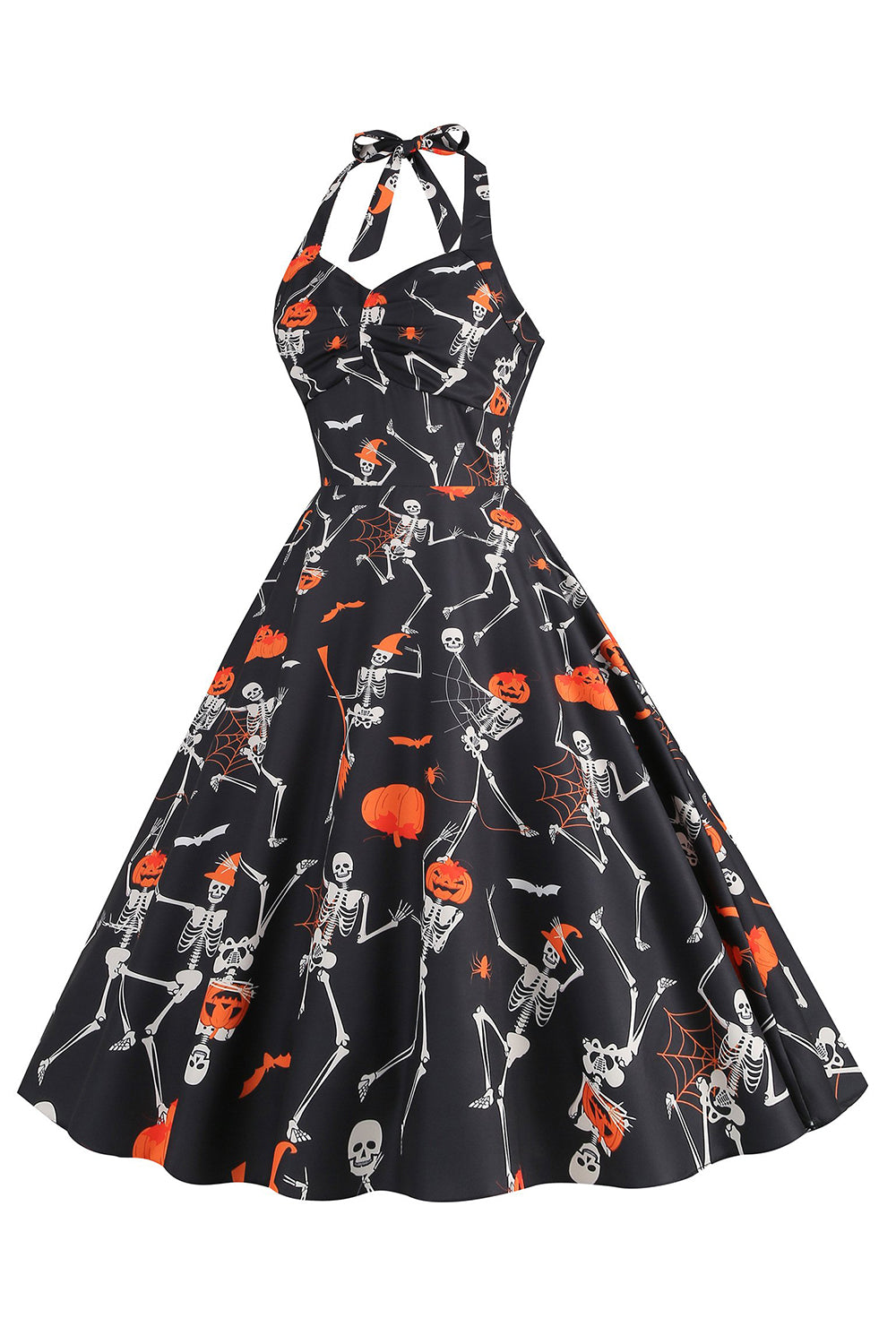 Halloween Schwarzes Neckholder Kürbis Kleid aus den 1950er Jahren