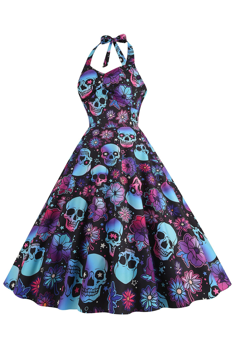 Halloween Schwarzes Neckholder Kürbis Kleid aus den 1950er Jahren